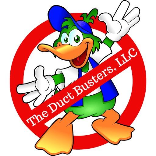 The Duct Busters, LLC Logo with their green duck mascot in a blue jacket