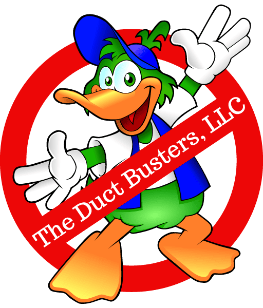 The Duct Busters, LLC Logo with their green duck mascot in a blue jacket