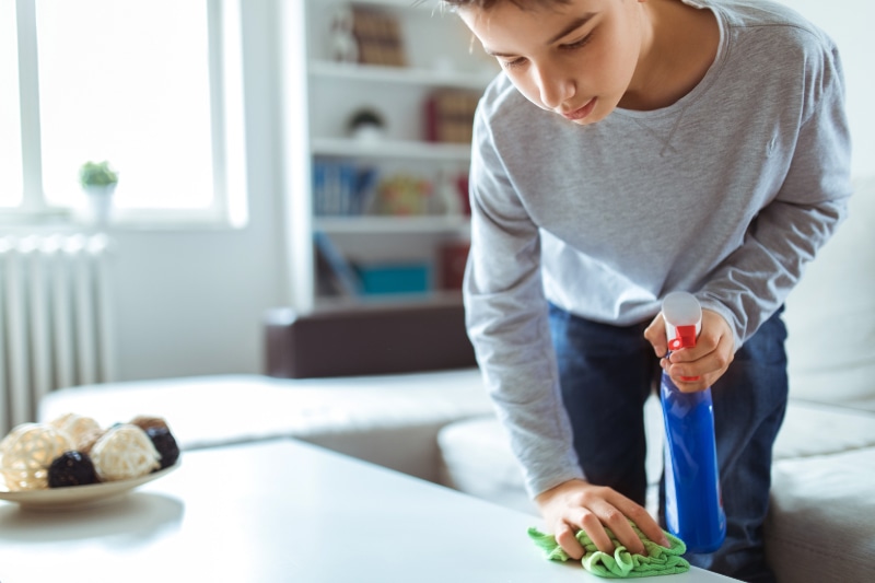 How to Reduce Dust in Your Home. Photo of boy cleans at home.